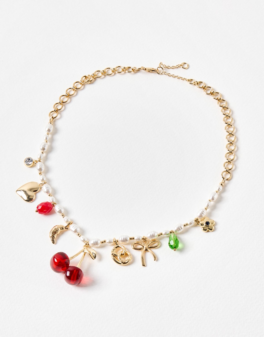 Fruit, Croissant & Charm Faux Pearl Necklace